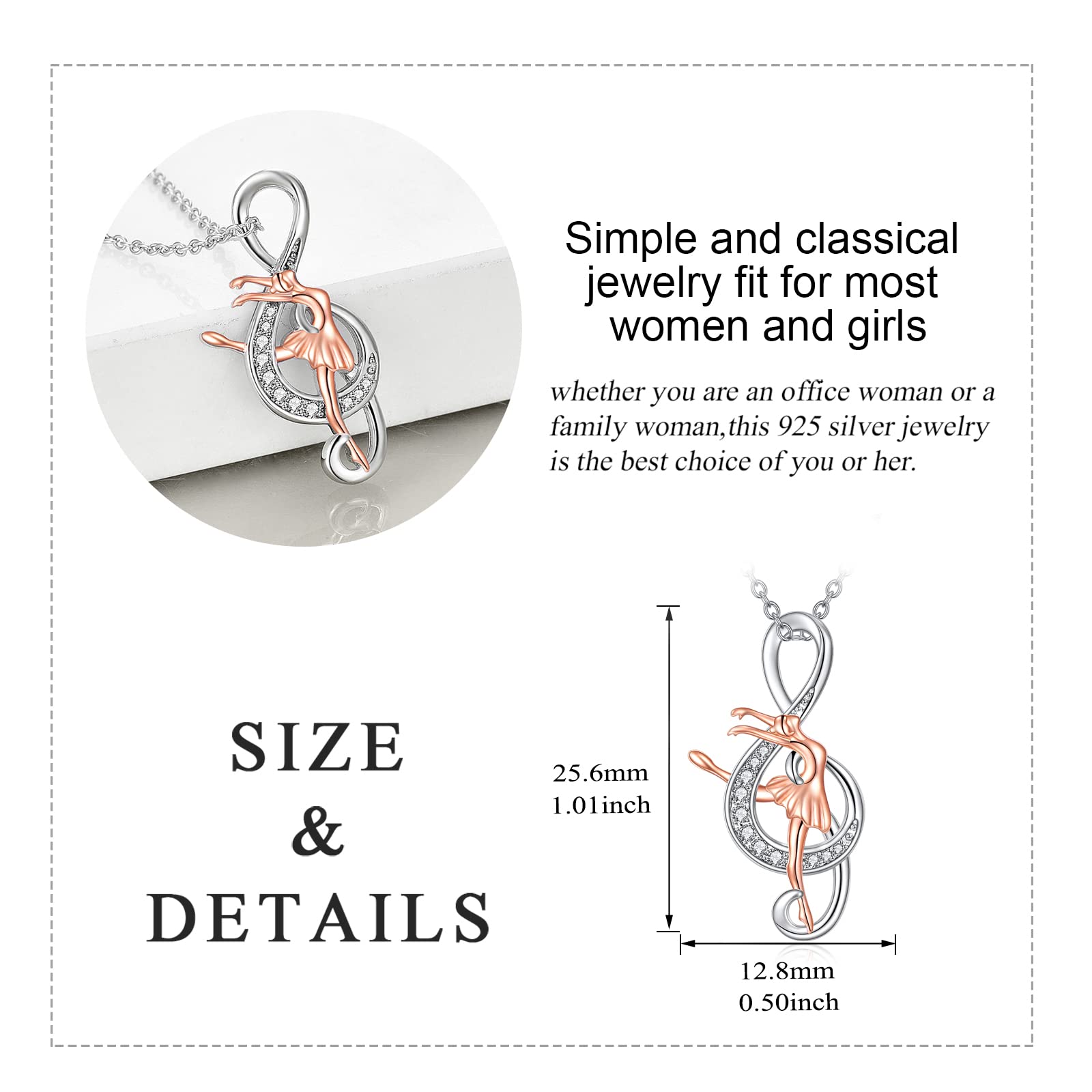 YAFEINI Collar de ballet con notas musicales, regalos de gimnasia, plata de ley 925, colgante musical, joyería deportiva para mujer, bailarina, amante de la música, 1.01 x 0.50 Zoll, Plata esterlina