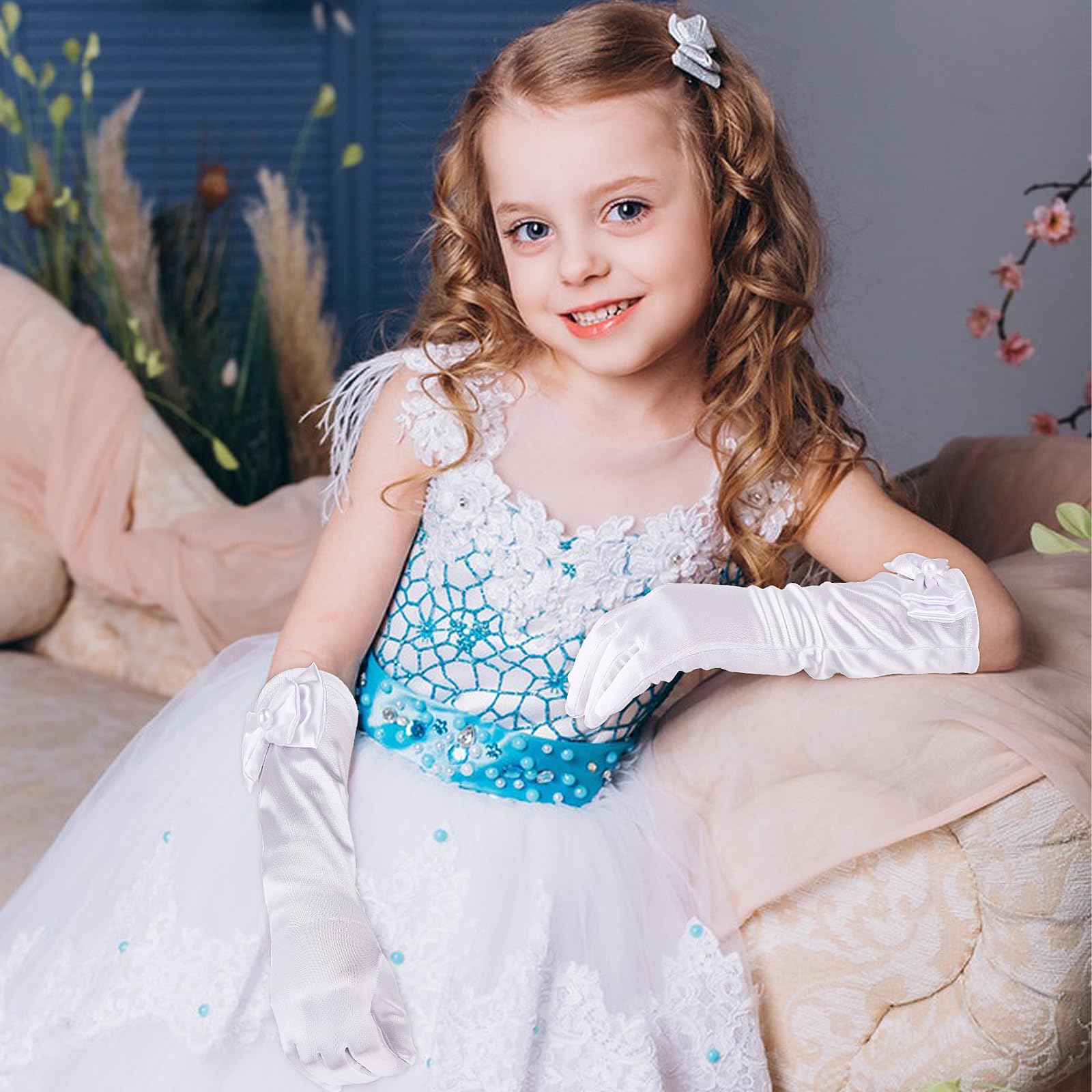 Yolev Guantes de Niña de Satén Blancos Largos con Lazo Formales para Boda Primera Comunión