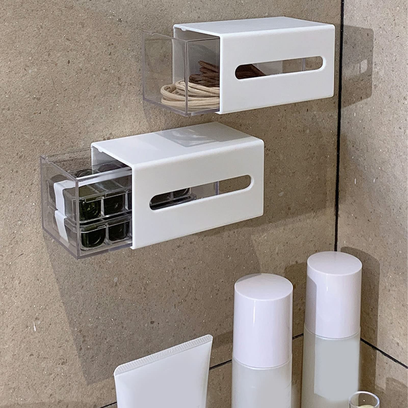 Qtip Holder Wall Mount,Wall Mounted Qtip Holder Dispenser,Cotton Swab Organizer Storage Boxes for Bathroom,No Punching Storage Drawer for Cotton Swabs Hair Clips Bathroom