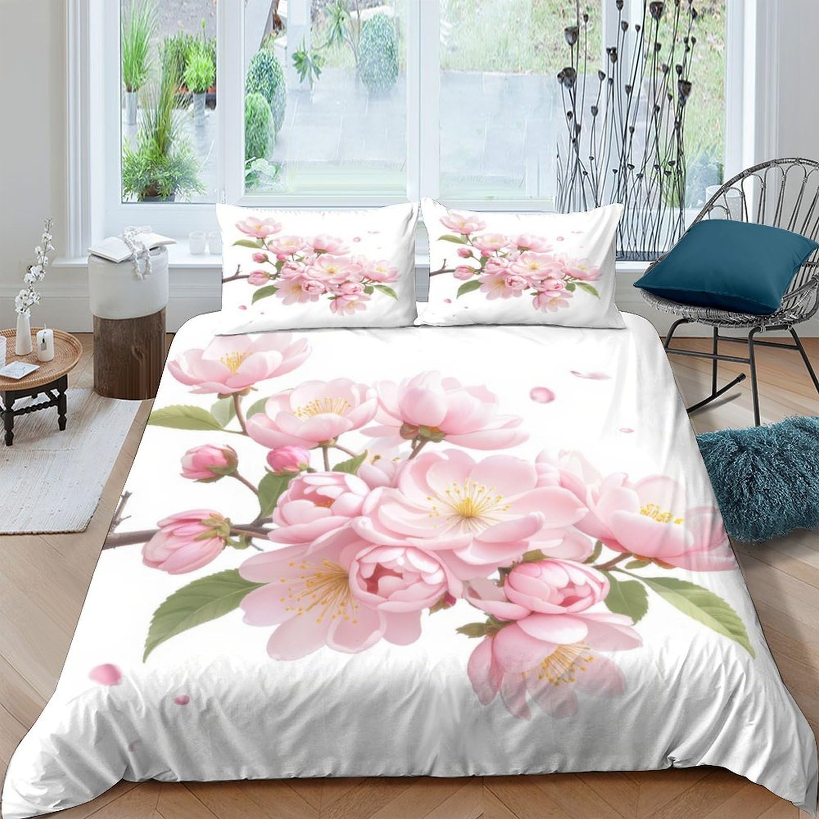 Ctjqhvkz Style-2 3D Printed Pink Blossom Fitted Sheet Microfiber Soft Breathable Sakura Bed Cover Non-Slip Easy Care For Bedroom Guest Room Single（135X200cm）