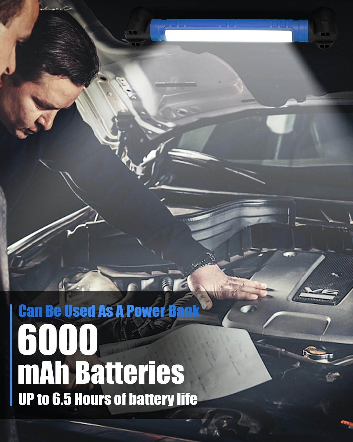 Luce da lavoro magnetica ricaricabile, 3000 lm, con ganci e base girevole, 6000 mAh, senza fili, per riparazioni auto, garage, ispezioni in officina