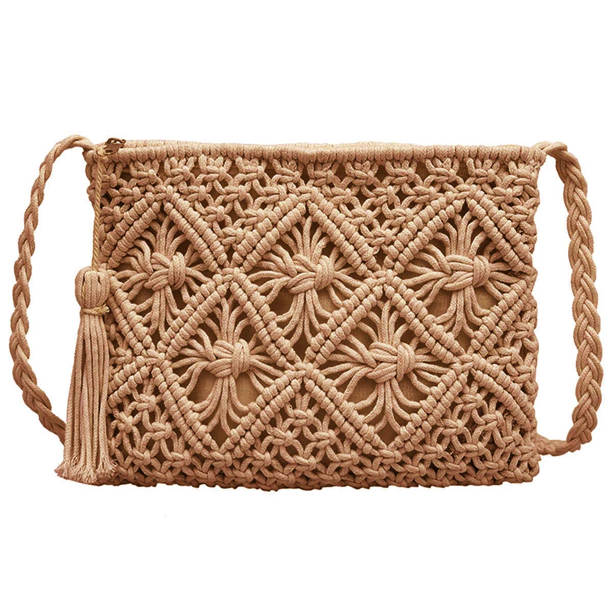 Van Caro Handwoven Cotton Straw Shoulder Bag Crochet Tassel Beach Bohemian Purse for Women
