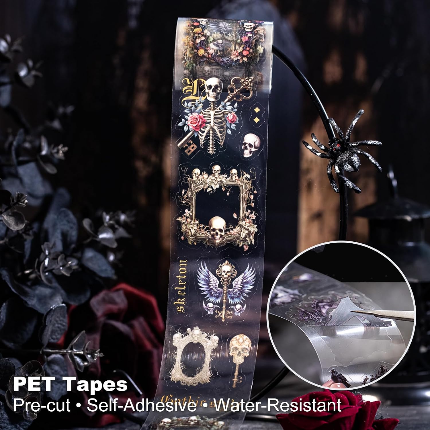 Night Poem Gothic PET Tape Set, 4 Rolls Pre-Cut Translucent Frame and Element Designs with 1 Clip - Dark Collage Supplies for Scrapbook Junk Journal Planner and Crafts image 3