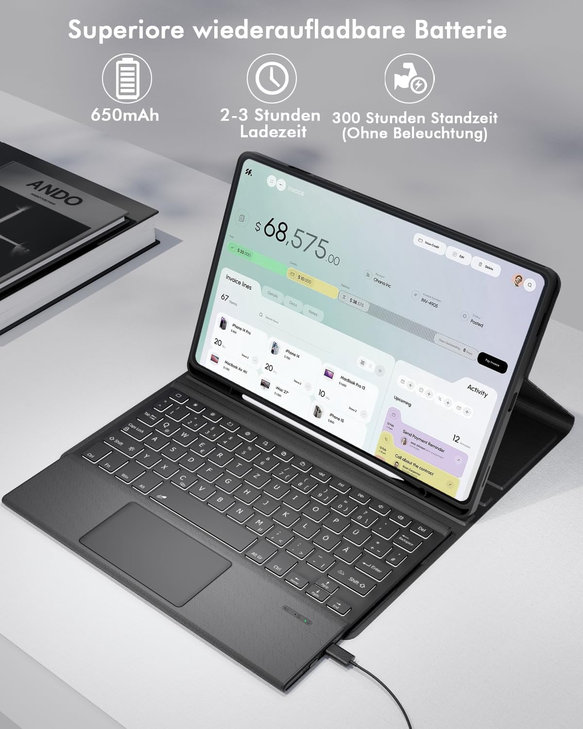 Doohoeek keyboard case connected to a charging cable, showing battery capacity, charging time, and standby time