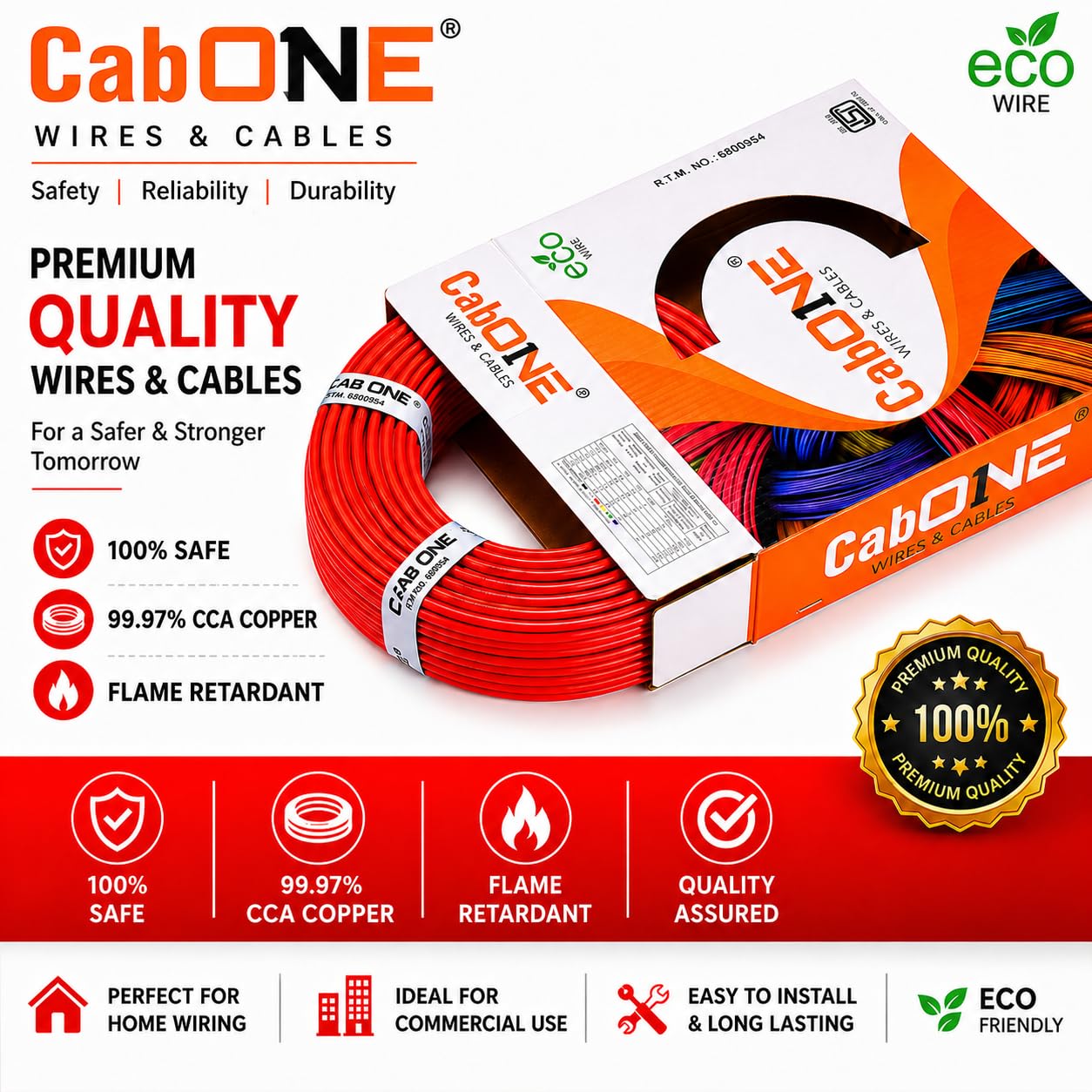 CabONE Lite 1.5 Sq mm Electrical Wire - 90m Blue Single Core CCA Copper Wire | Fire Retardant PVC Insulation for Domestic Wiring Red 2