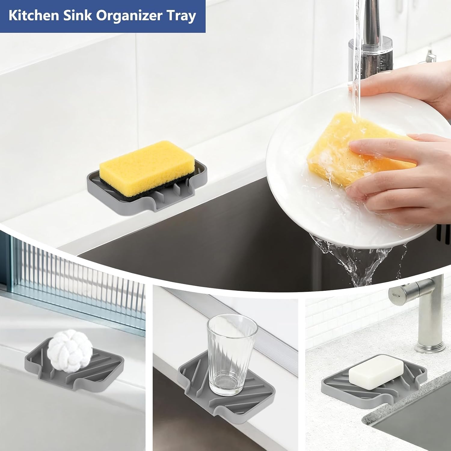JACZZO Silicone Sponge Holder & Soap Dish for Kitchen Sink, 3.5"x5", Gray