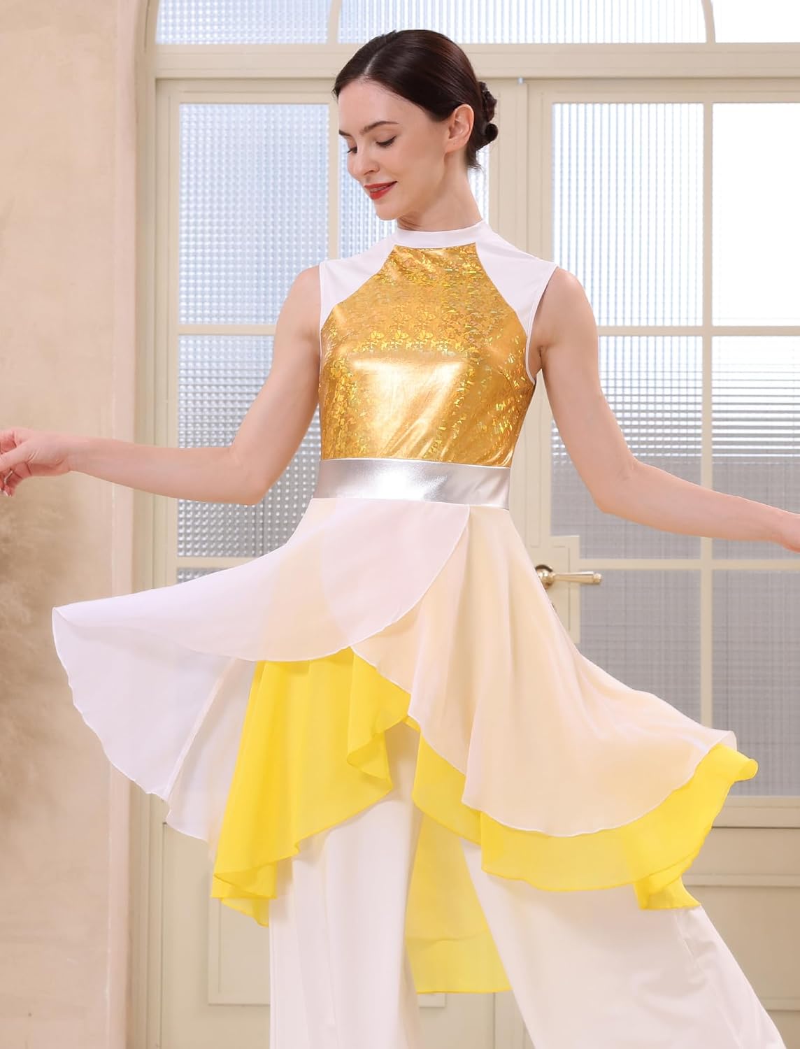 AFAVOM Metallic Color Block Praise Dance Overlay Dress for Women Asymmetrical Ruffle Worship Tunic Dress Liturgical Dancewear