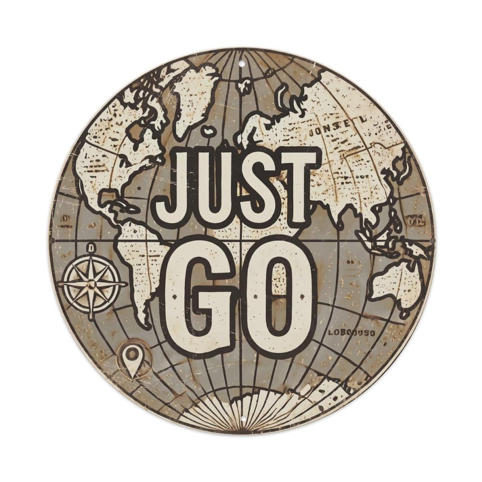 Vintage World Map with Compass Just Go Charting Metal Tin Sign