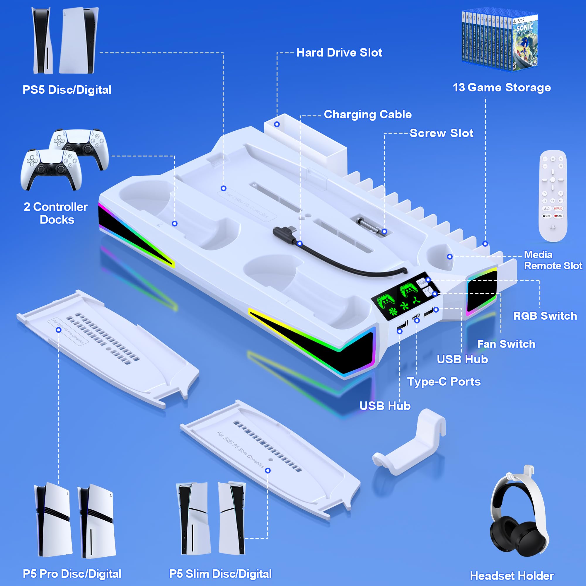 Kawaye Stacja chłodząca PS5 Stand PS5 do konsoli PlayStation 5/Pro/Slim, akcesoria PS5, pionowy stojak z wentylatorem chłodzącym 6.0 cm, światło RGB, podwójna ładowarka kontrolera, uchwyt zestawu