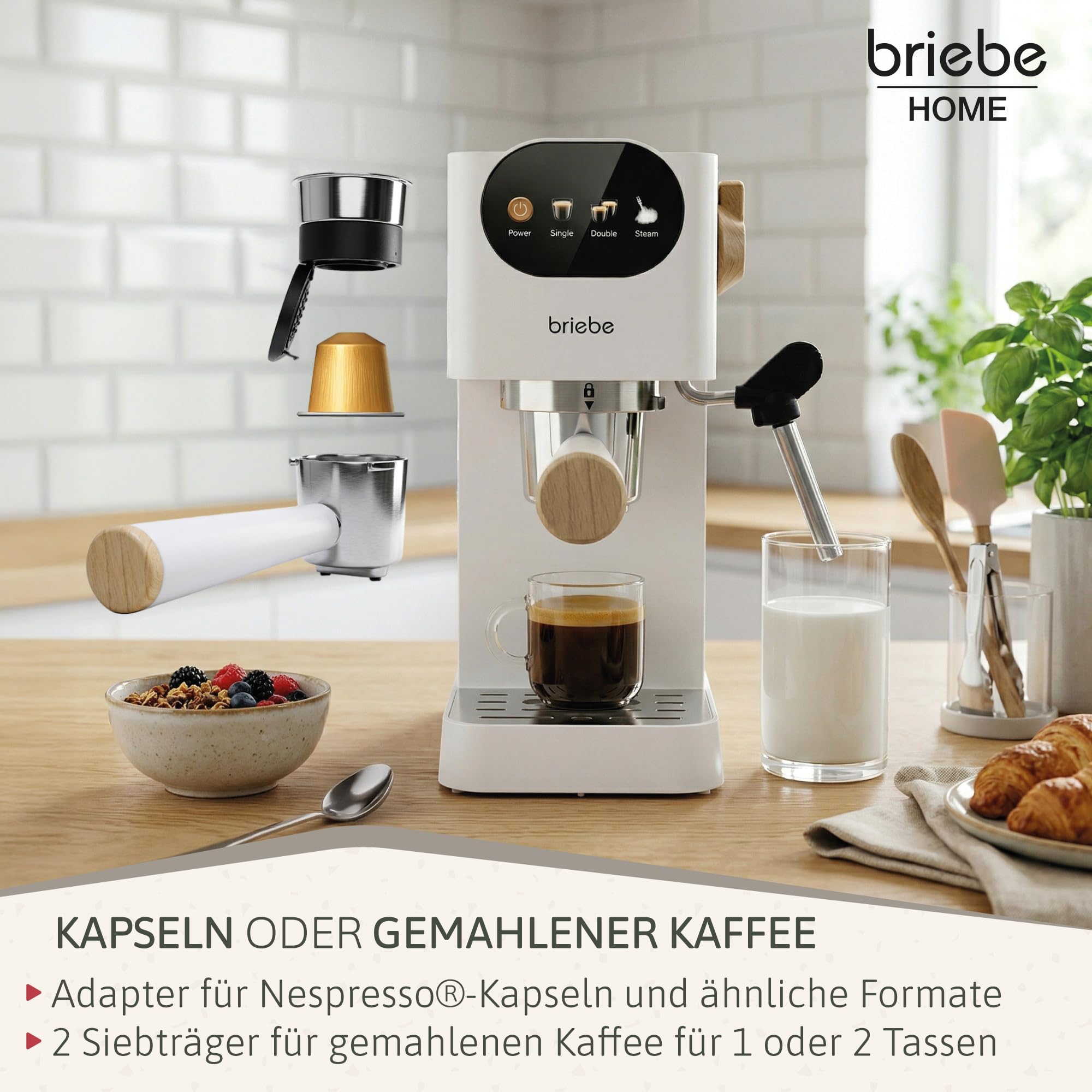 briebe Nordic Kaffeemaschine 20 Bar Kompatibel Nespresso-Kapseln und Kaffeemehl, Espresso Siebträgermaschine 1350W, Milchaufschäumer, Touch-Display, 1,2L Wassertank, Skandinavisches Design, Weiß