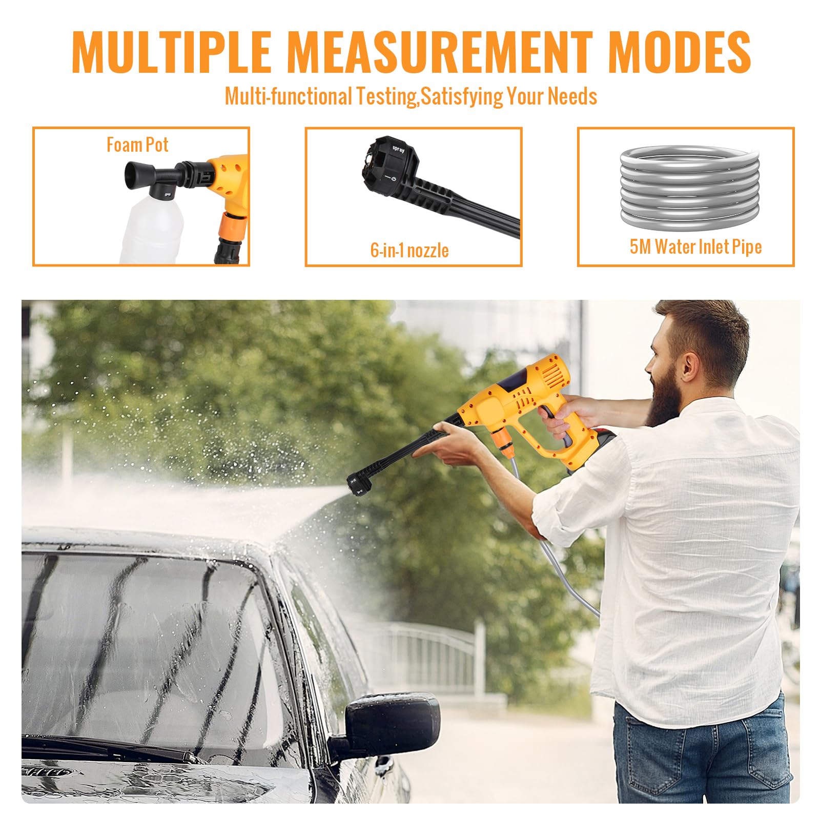 Hidrolimpiadora de Alta Presión Batería 21V MAX 65Bar con Pantalla LCD de Potencia y 10 Velocidades, Portátil para Limpieza de Coches y Jardín (con 2x6000mAh Baterías)