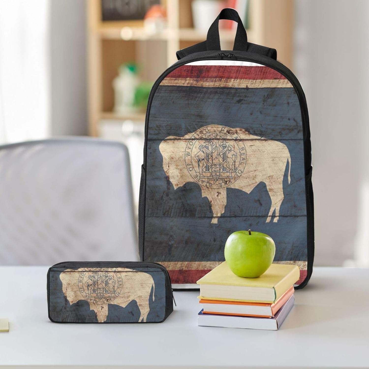 Wyoming State Flag Map print 3 Piece Backpack Bags with Lunch Box Pencil Case Set for Travel Work Camping Unisex