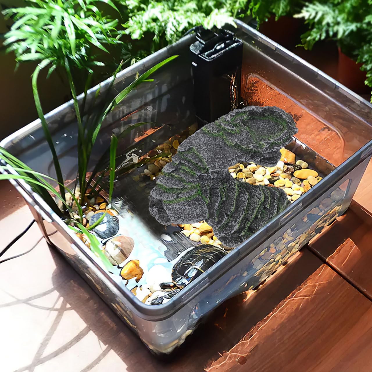 HOMSFOU Schildkröten Sonnenplattform mit Rampe, 24x22x11cm, Aquarium | NatüRliches Design, Sicheres Versteck, Robuster Kunststoff, füR Terrarien