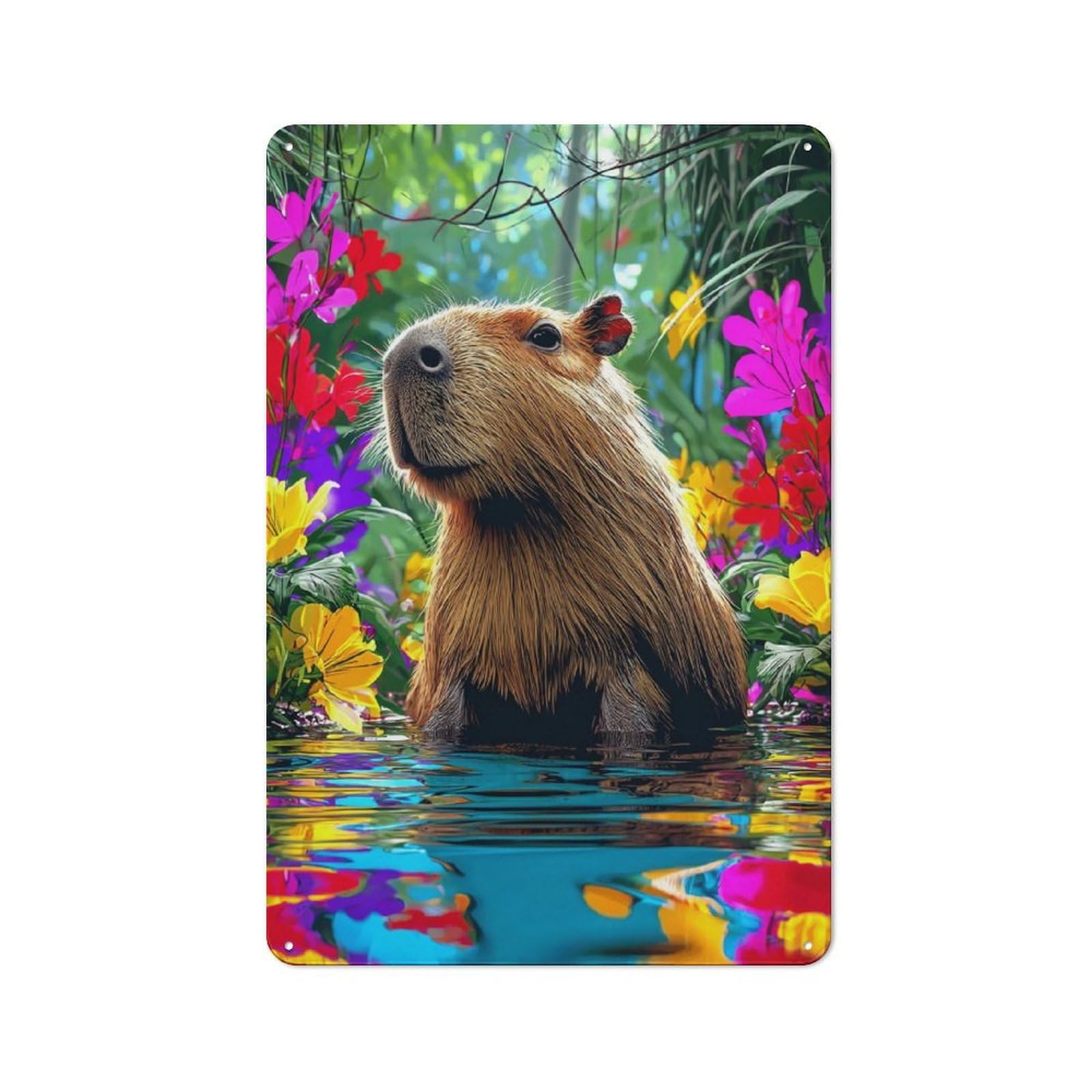 Junmoney Capybara In Vibrant Floral Paradise Clean Industrial Industrial Metal Sign 30X20cm, Studio Wall Art For Loft, Studio, Office Or Creative Room