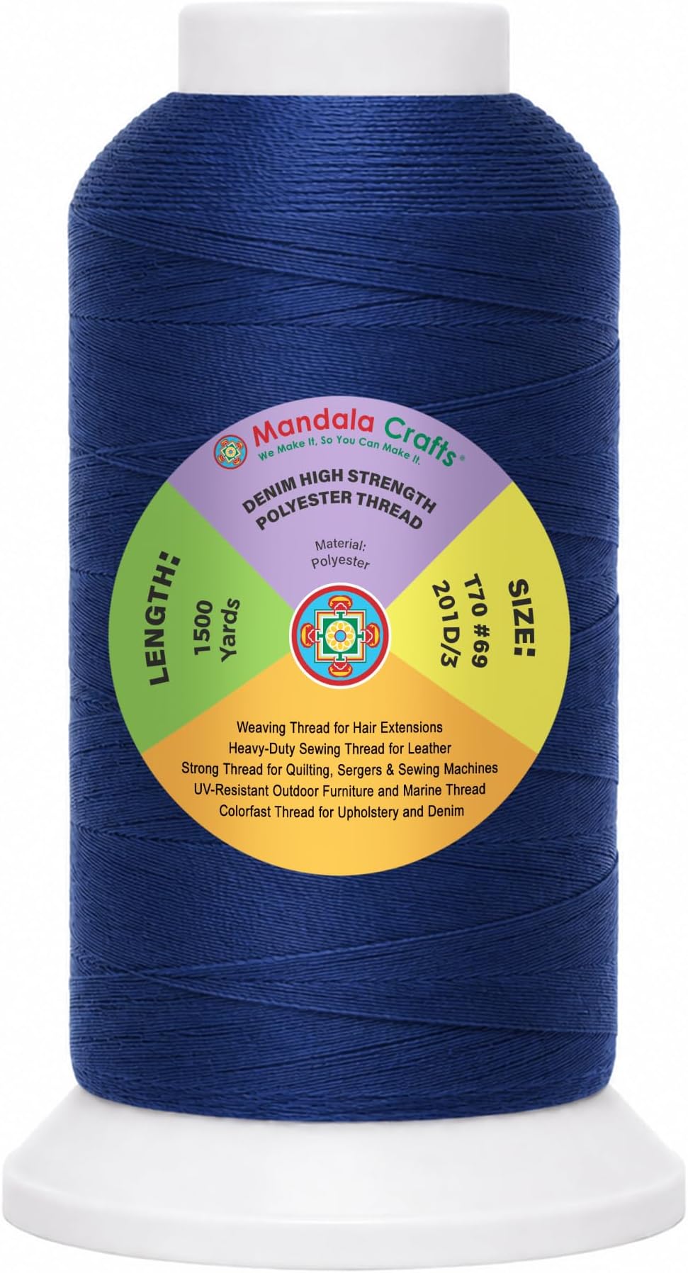 Mandala Crafts Denim Heavy Duty Thread - 1500 Yds Tex 70 Strong Polyester Threads for Sewing Drapery, Jeans, Leather, Hair, Outdoor Marine Upholstery