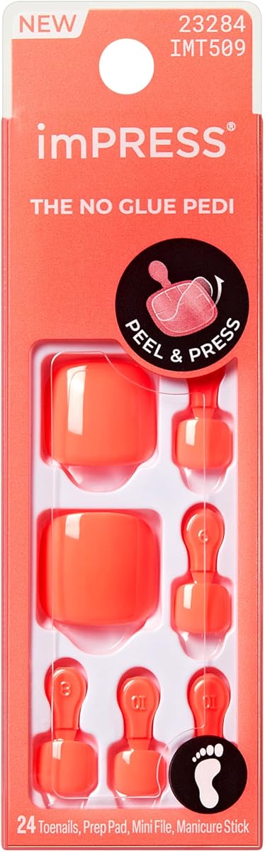 Kiss Impress No Glue Mani Press On Nails, Color, 'Pure Mood', Orange, Short Size, Squoval Shape, Includes 24 Toenails, Prep Pad, Instructions Sheet, 1 Manicure Stick, 1 Mini File
