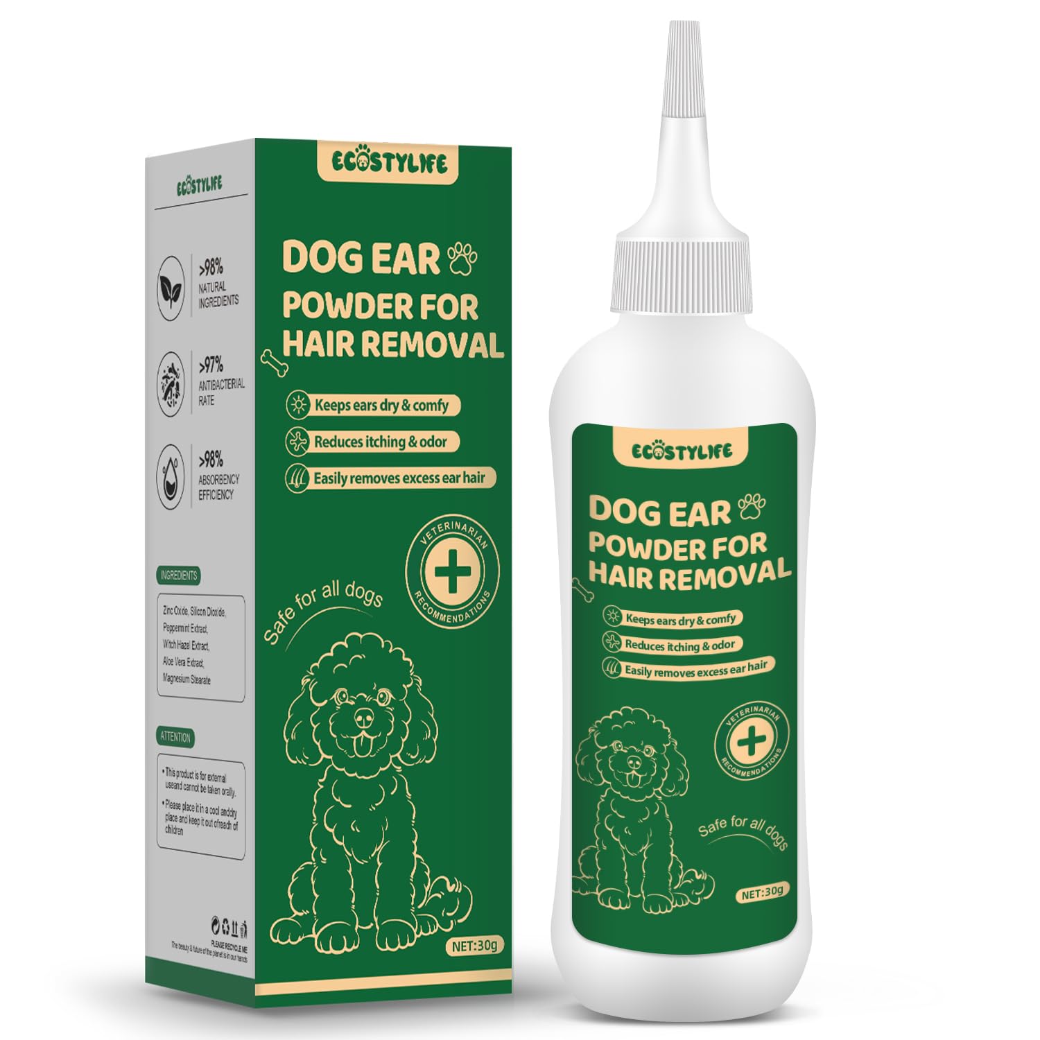 Dog Ear Powder for Hair Removal 30g Gentle Zinc Oxide Ear Hair Removal Powder for Cleaner Ear Care