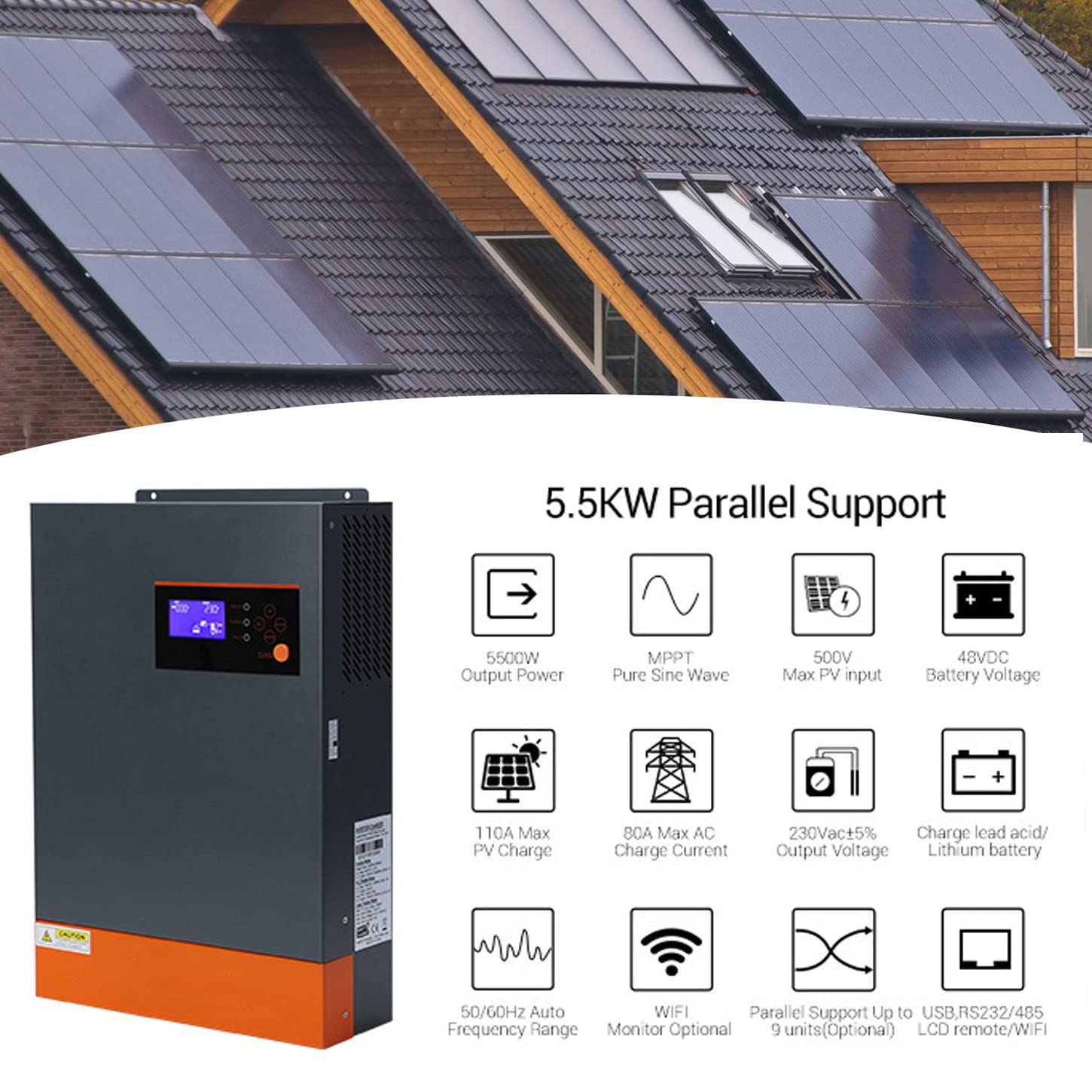 Onduleurs Solaires Onduleur Solaire Hybride 48v 5500w, Onduleur à Onde Sinusoïdale Pure, Onduleur De Connexion Au Réseau Intégré Mppt 80A Contrôleur De Charge Solaire