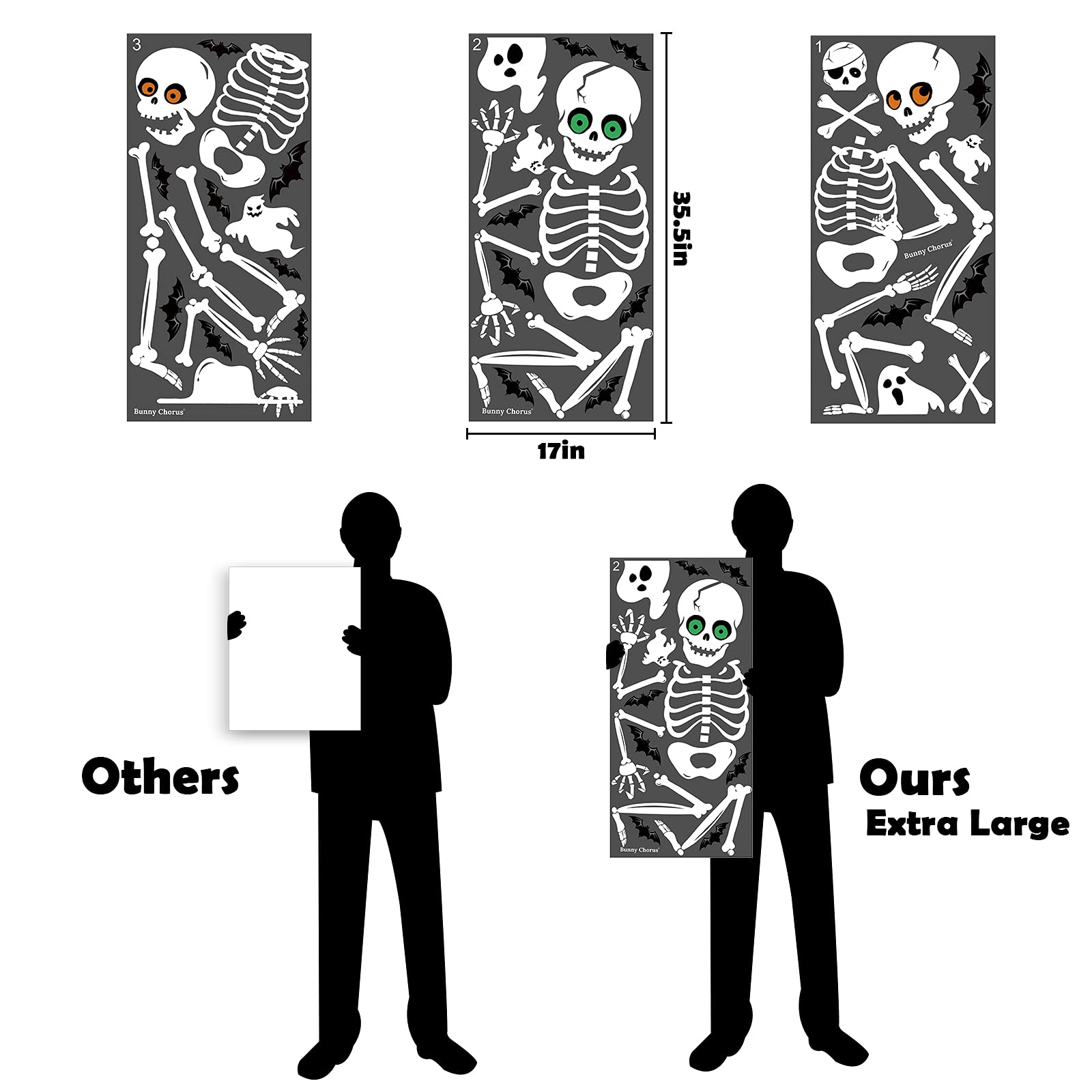 Bunny Chorus Halloween Decorations Window Clings Decor, Extra Large Cute Funny White Skeleton Ghosts Black Bats Halloween Stickers Indoor, School Home Office Party Supplies for Glass Window, 3 Sheets