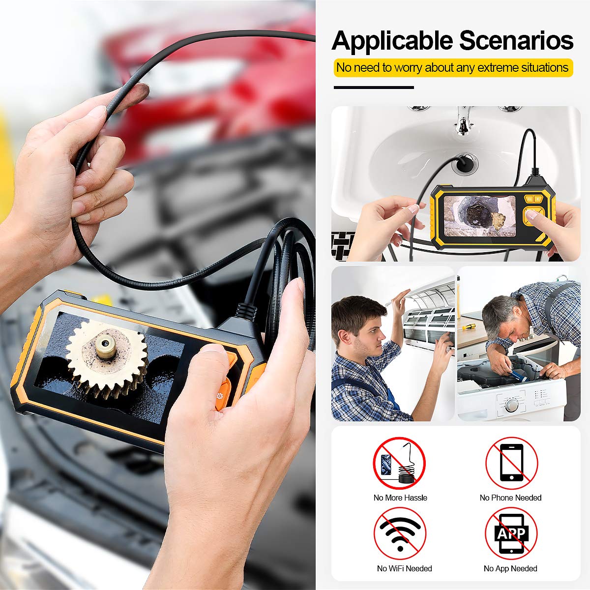 Inspection Camera,YINAMA 8MM Borescope 4.3 inches Screen Endoscope Industrial Snake Camera,16.5ft Waterproof Camera with 6 LED Lights,Semi-Rigid Cable,32GB TF Card