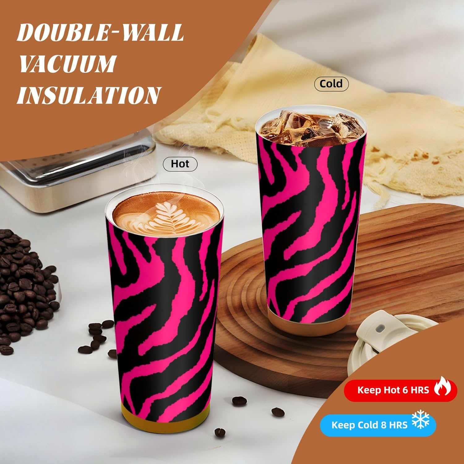 Zebra Tiger Leopard pink Print Leakproof Insulated Coffee Mug,Stainless Steel Dual Drink Travel Tumbler,17 OZ
