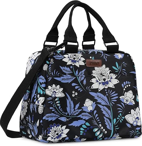 PBRO Lonchera térmica para mujeres, bolsa de almuerzo reutilizable de amplia apertura con cinturón de hombro ajustable, bonito bordado floral,