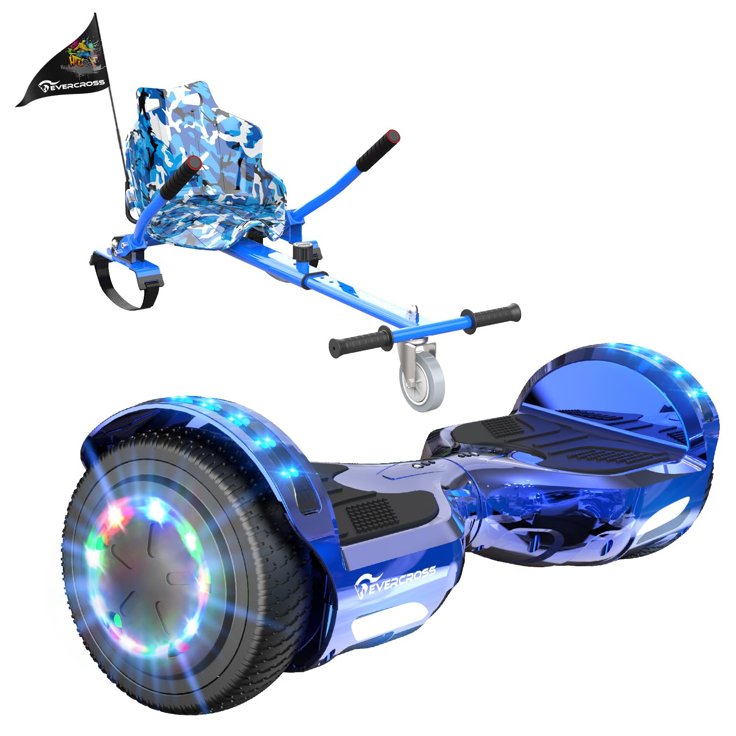 EVERCROSS Hover Board Kids, Hoverboards with Seat Attachment Hoverkart, 6.5" Self Balancing Scooters, Hoverboards Bluetooth with LED Lights, Ideal Hover Board for Kids Teenagers Adults Blue