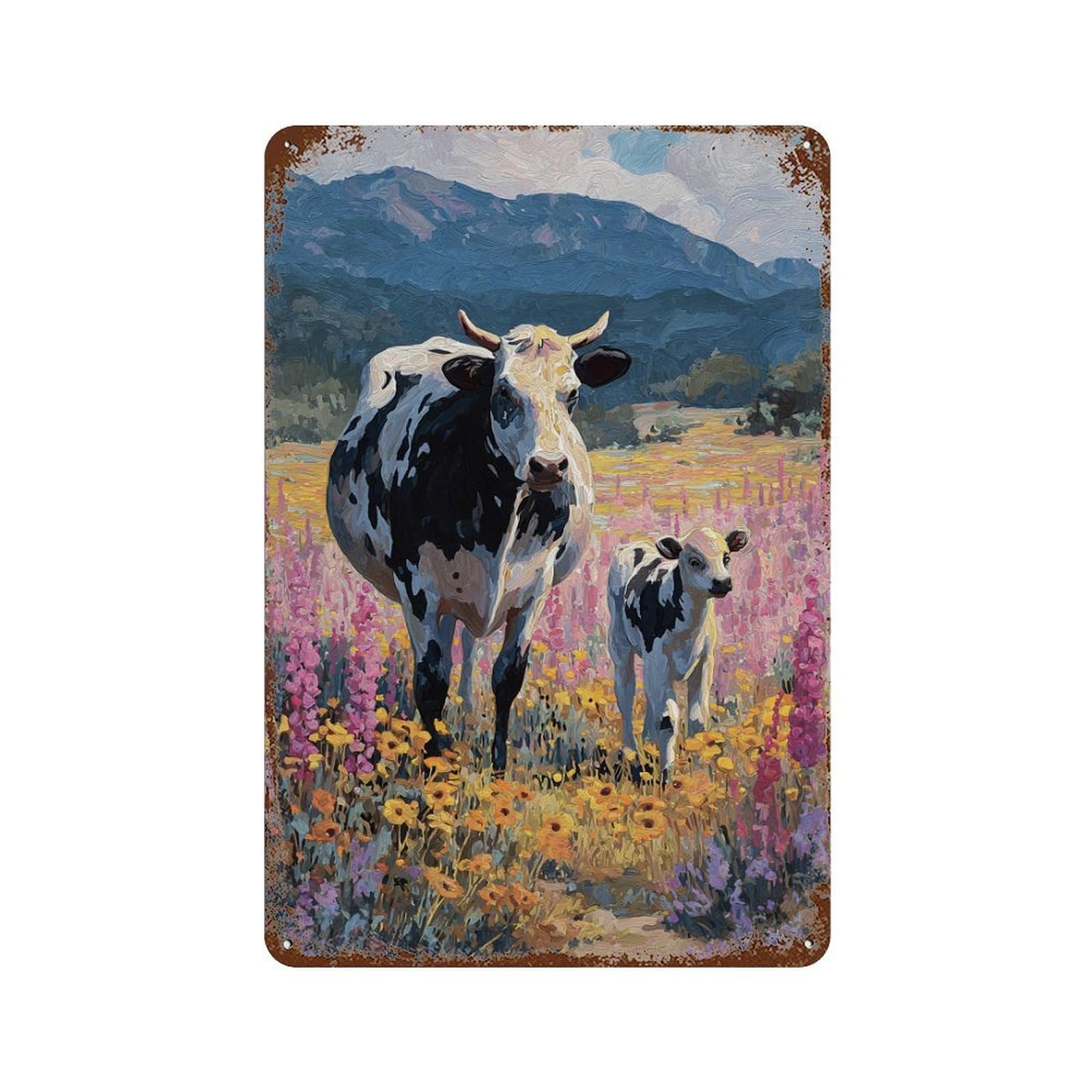 Pastoral Cow Scene Rust Effect Tin Sign 11.8"x7.9", Rustic Home Decor for Cafe, Home Bar And Lounge Decor