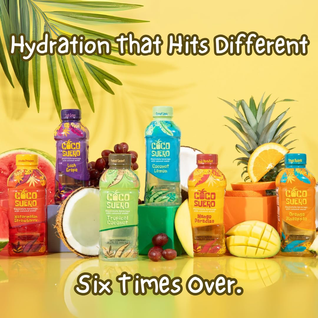 Coco Suero Electrolyte Coconut Water – 12-Pack | 100 Calories, Fat-Free, Packed with B3, B6, B12 for Energy & Hydration | No Artificial Flavors | Amino Acids | Sweetened with Dextrose | (20.2 Fl Oz, Tropical Coconut)