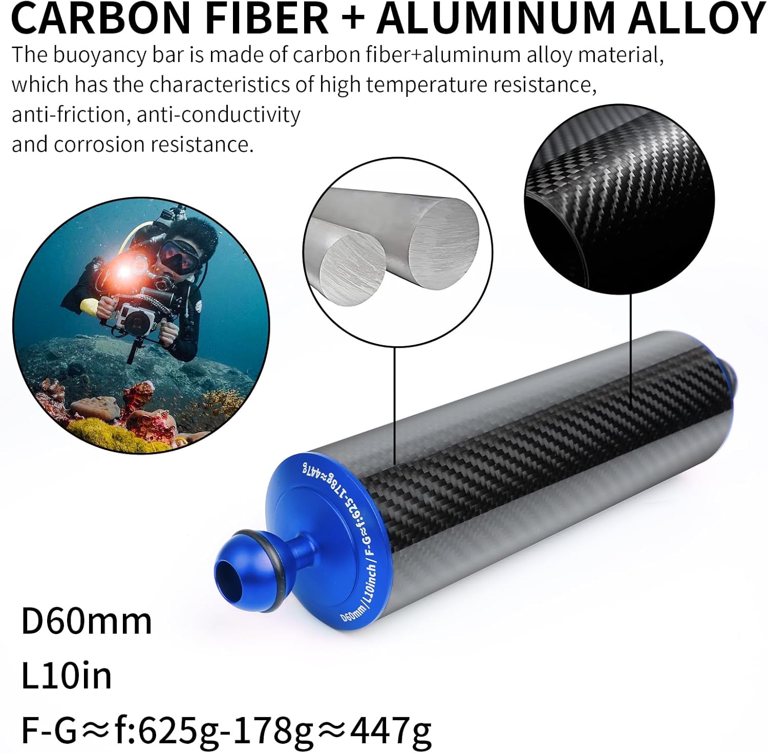 Blue 10" Carbon Fiber Underwater Float Arm (2-Pack) - Ultralight Dual 1" Ball Buoyancy System for Diving Tray Video Lights & Strobes