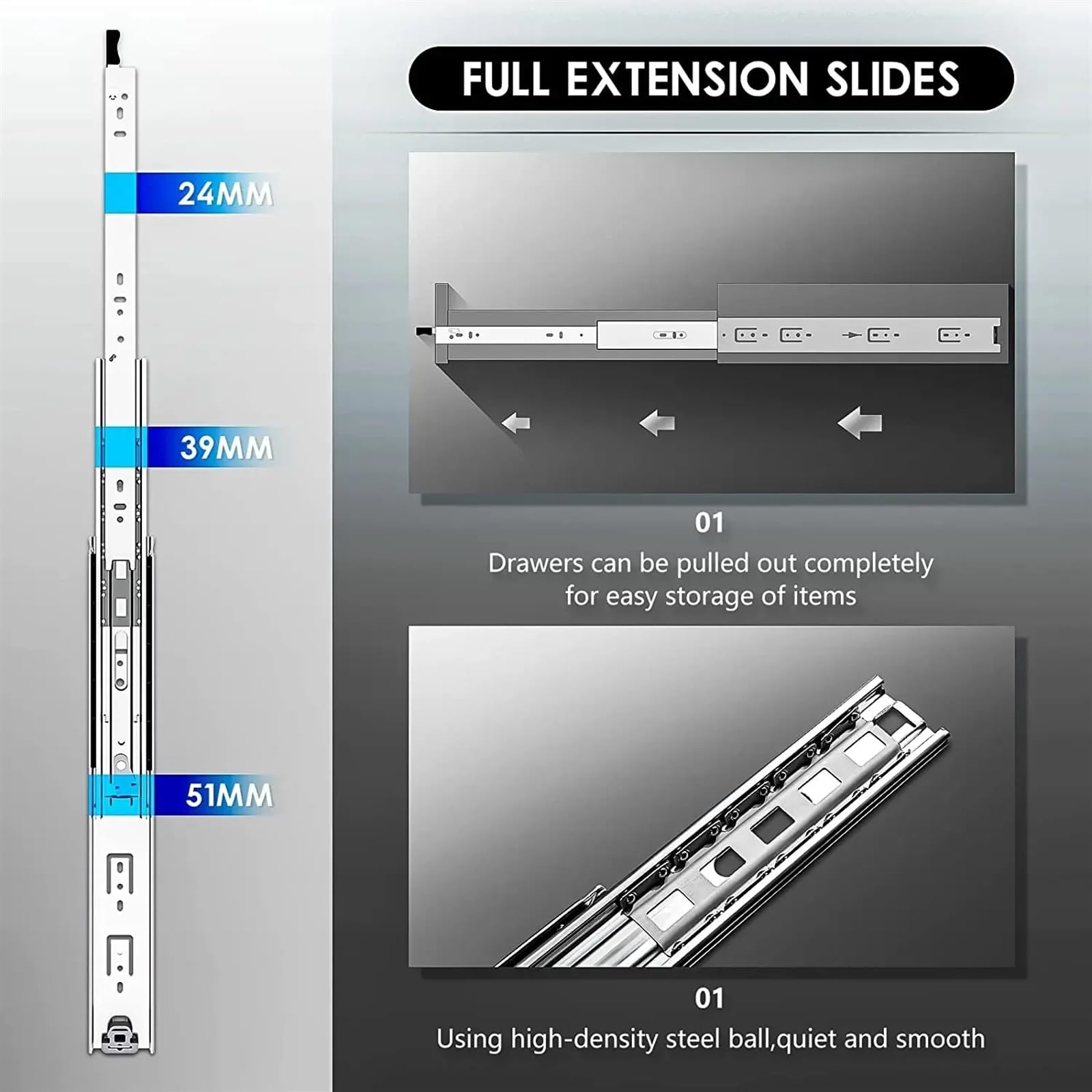 Schubladenschienen 51mm Wide Heavy Duty Load Drawer Slides With Lock, Runners, Tracks Glides, Side Mount, 68kg Capacity für Küchenschränke(1000mm(40inch))