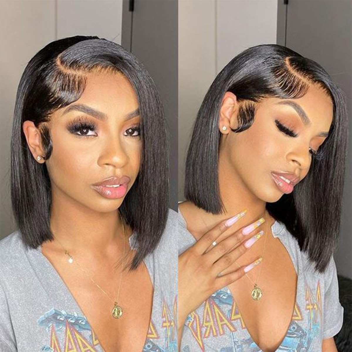 SPOU Bob Wigs Human Hair Glueless 13x4 Lace Front Bob Wig Human Hair 100% Brazilian Virgin Human Hair Pre Plucked Tiny Knots Natural Hairline with Baby Hair 10 Inch