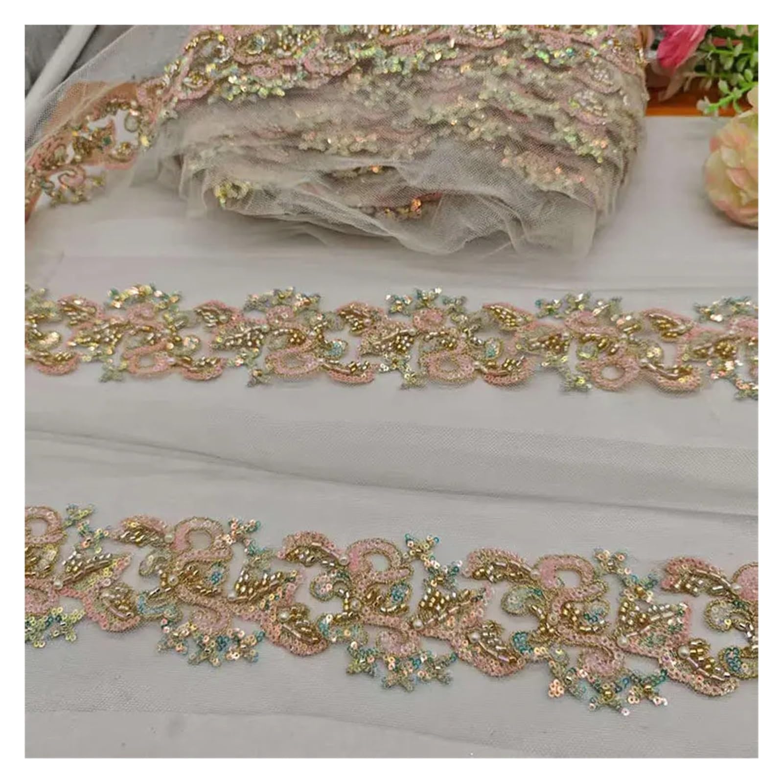 Puntilla De Encaje Con Strass En Forma De Flor Adorno de cinta encaje con cuentas 1 yarda
