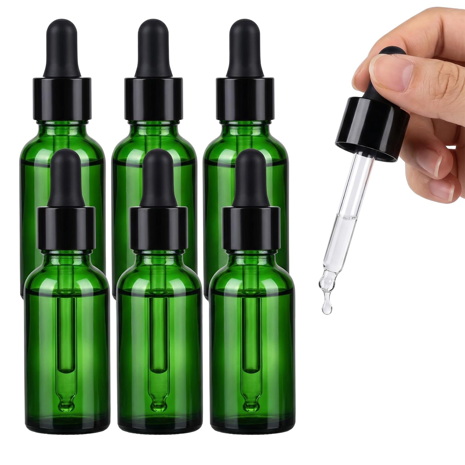 VASANA 6Pcs 15 ml Green Glass Round Dropper Bottles With Glass Eye Droppers Empty Refillable Essential Oil Perfume Aromatherapy Vial Pot Liquid Containers Jars