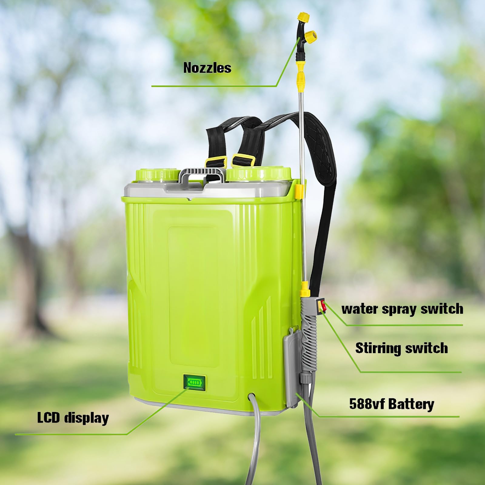 Polverizzatore elettrico da giardino 20L, spruzzatore per tetti con 2 batterie, lancia telescopica e 5 ugelli, pressione fino a 80 psi, per antischiuma di copertura e irrigazione delle piante.
