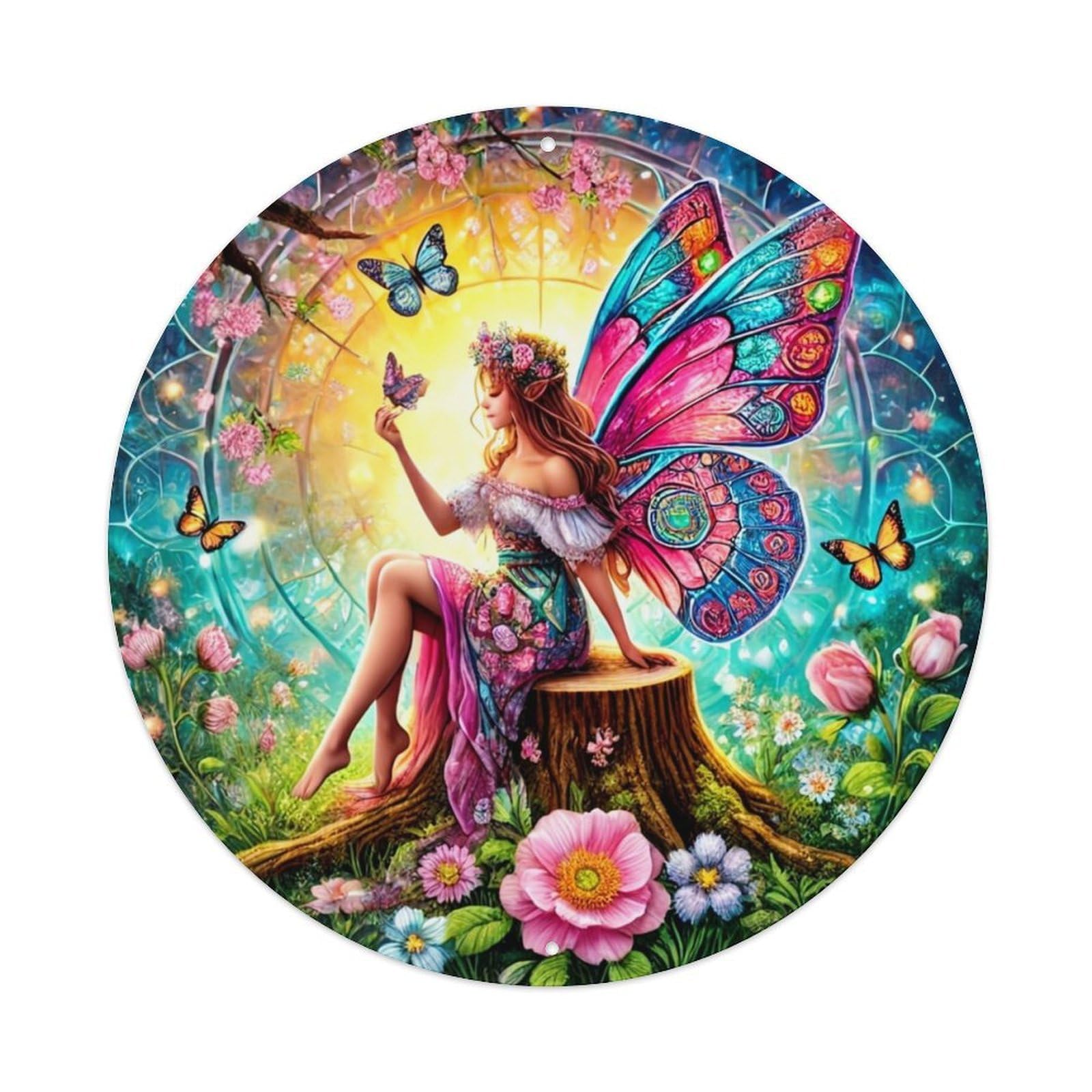 Fairy With Butterfly Wings Sitting Vintage Metal Tin Sign Retro Wall Decor for Home Bar Garage Cafe, Indoor & Outdoor Decorative，circle Metal Poster, 8x8 Inch