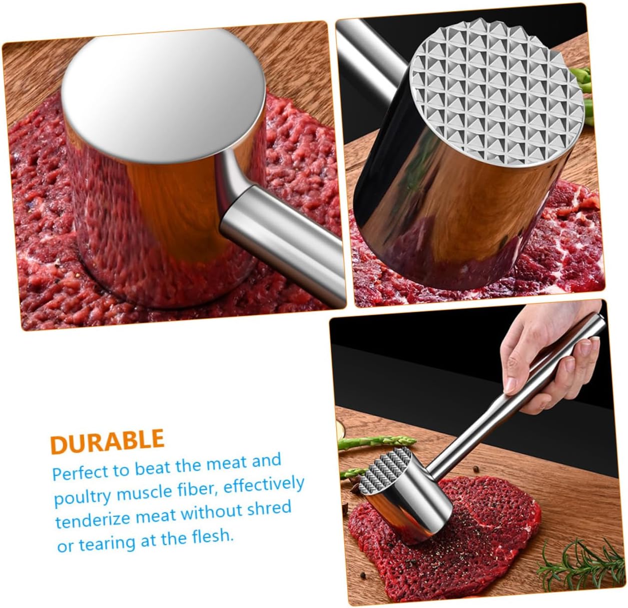BESPORTBLE Multi-function Dual-sided Meat Mallet Hammer Stainless Steel Kitchen Tenderizer for Chicken Beef Steak Pork Heavy Duty Cooking Tool Easy to Clean