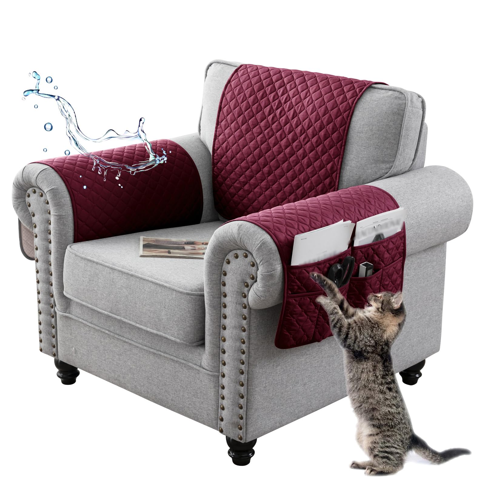 Sofa Armrest Cover, Headrest Cover for Recliner Chair Arm Cover, Armchair Slipcover Non Slip Quilted Furniture Protector for Sofa Recliner Armchair Cats Dogs (Wine Red,3 Seater(5pcs))