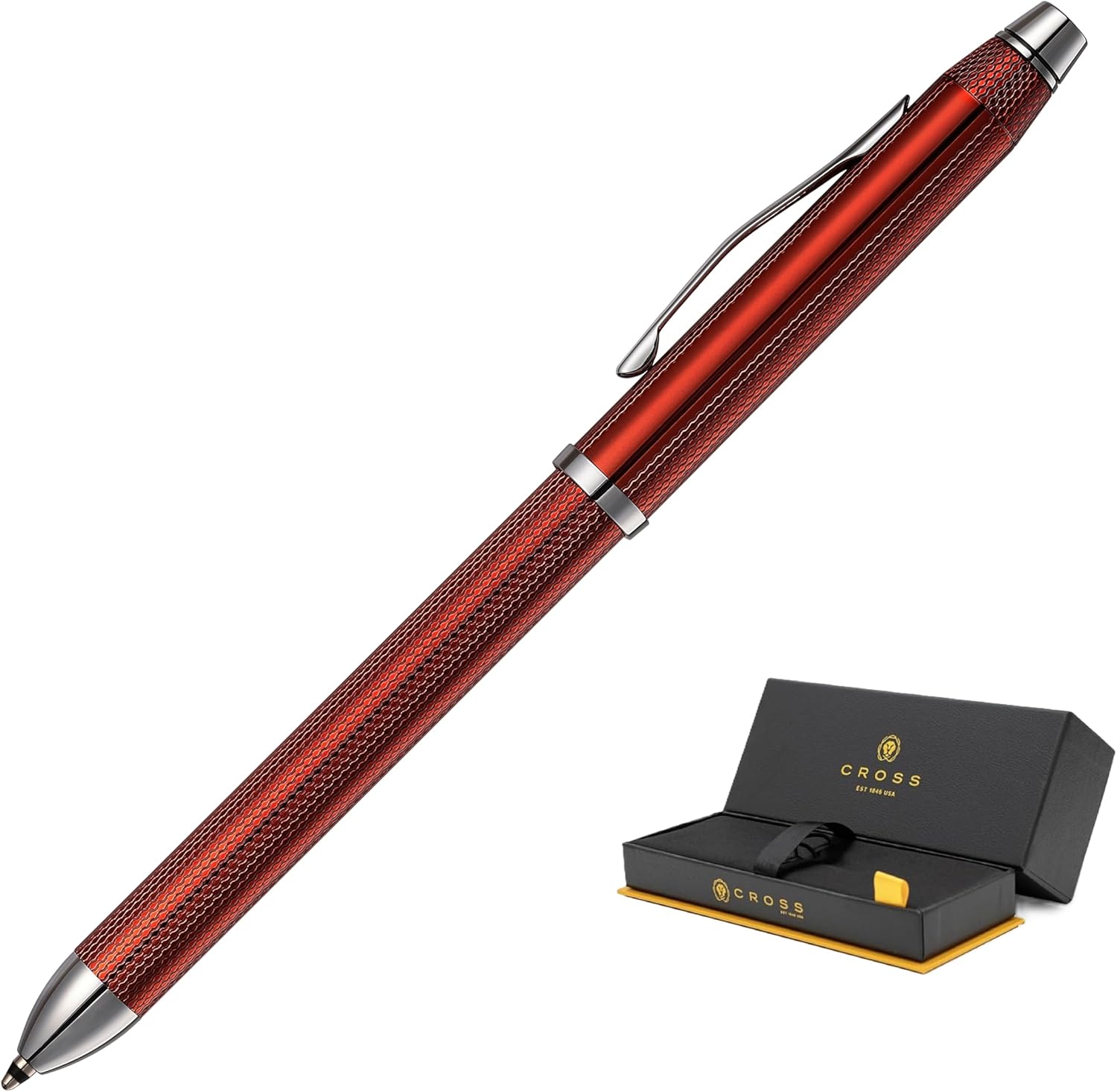 Cross Tech3+ with Sophisticated Brushed diamond pattern finish Barrel & interchangeable cap tops, Multi-function Pen - 0.5 MM Lead Pencil, Black & Red Ink Refills in One Pen. (Gray)