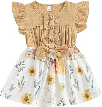 Toddler Baby Girl Dress Fly Sleeve Crew Neck Bow Chicken Print Casual Dress Summer A-line Dress