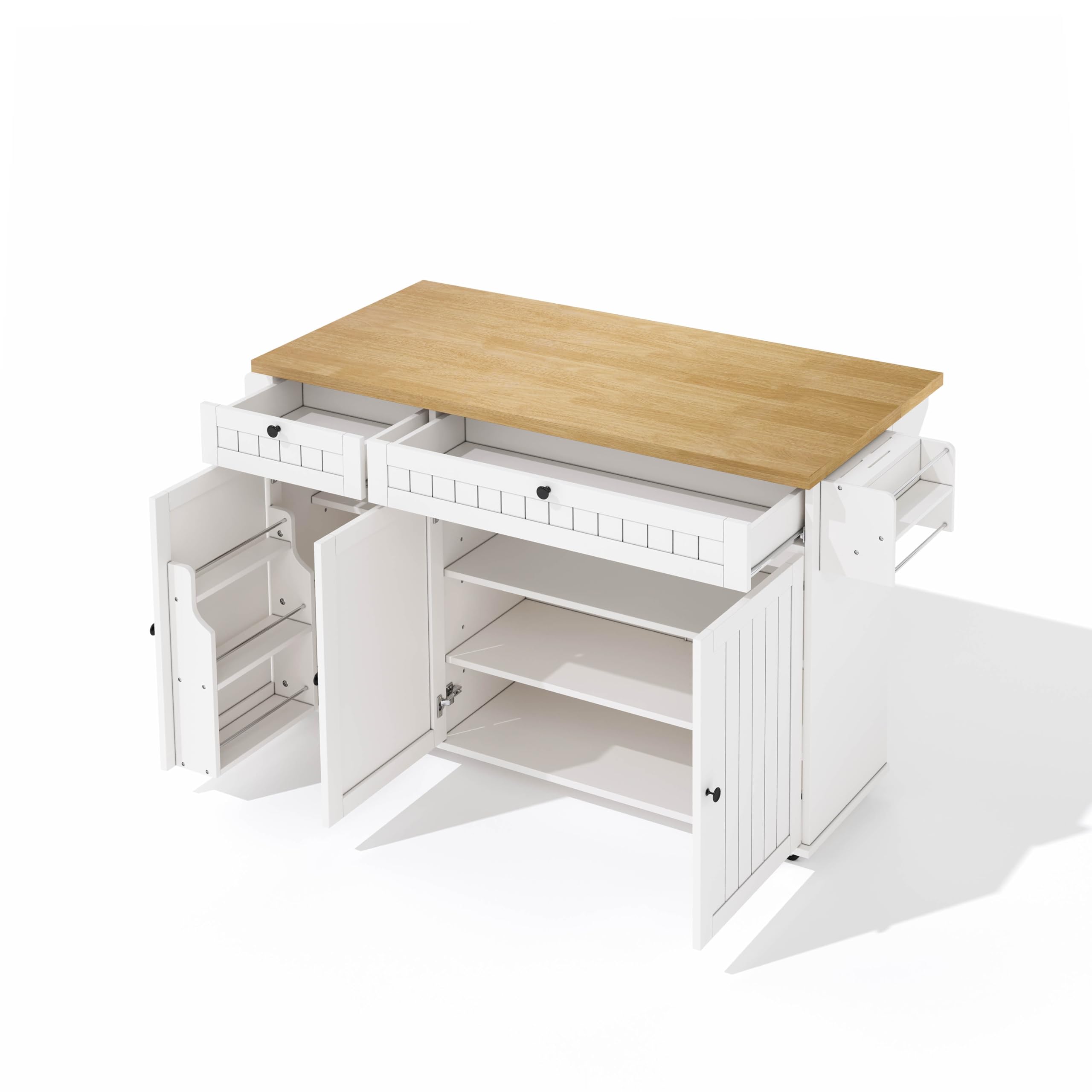 Kebnor Kücheninsel mit klappbarer Arbeitsplatte, Küchenschrank auf 6 feststellbaren Rollen, mit Ablage, Türregal, 2 großen Schubladen und Schrank,137 x 89,5 x 45 cm (Weiß)