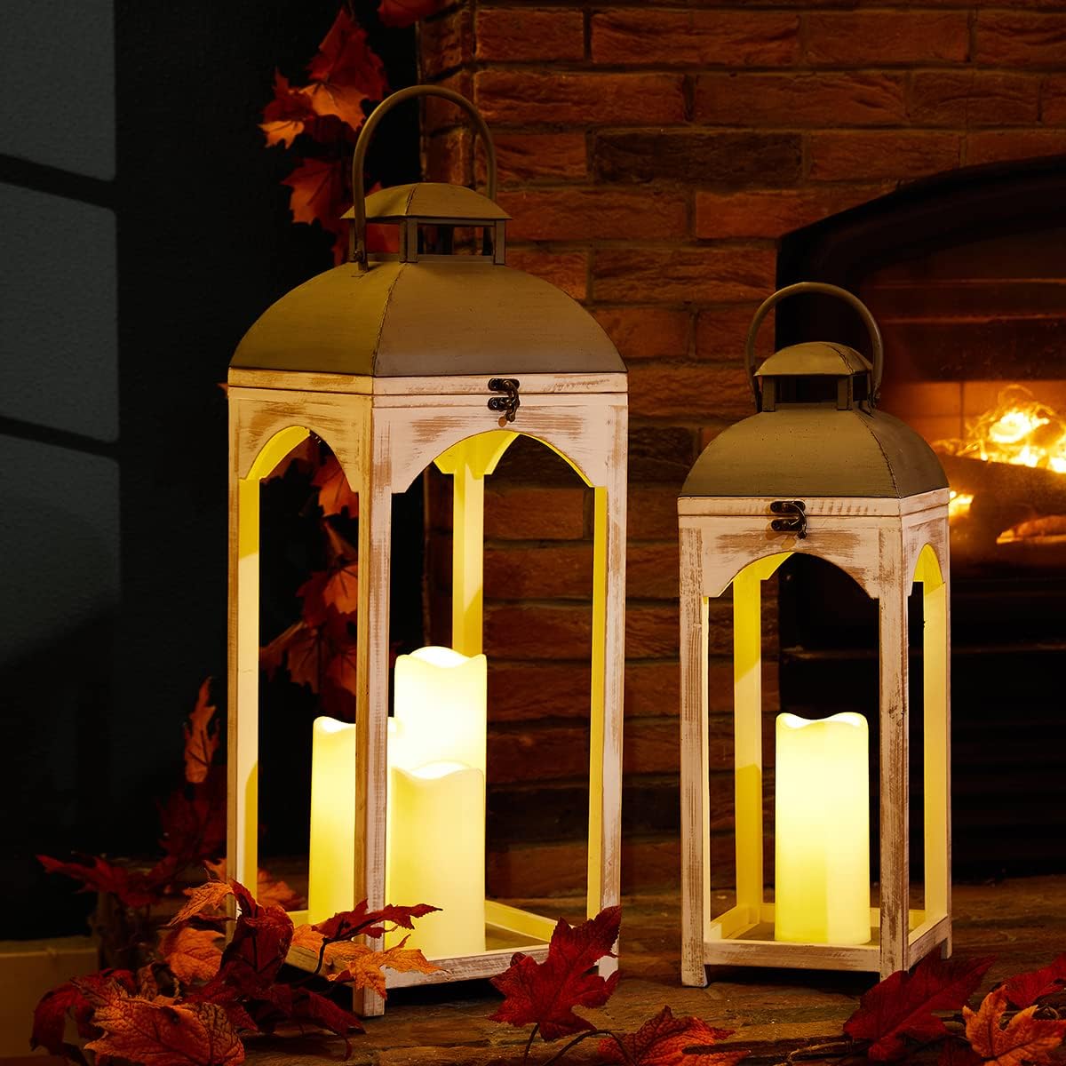 Diamond White Painted Wood Hanging Tabletop Candle Lantern Set
