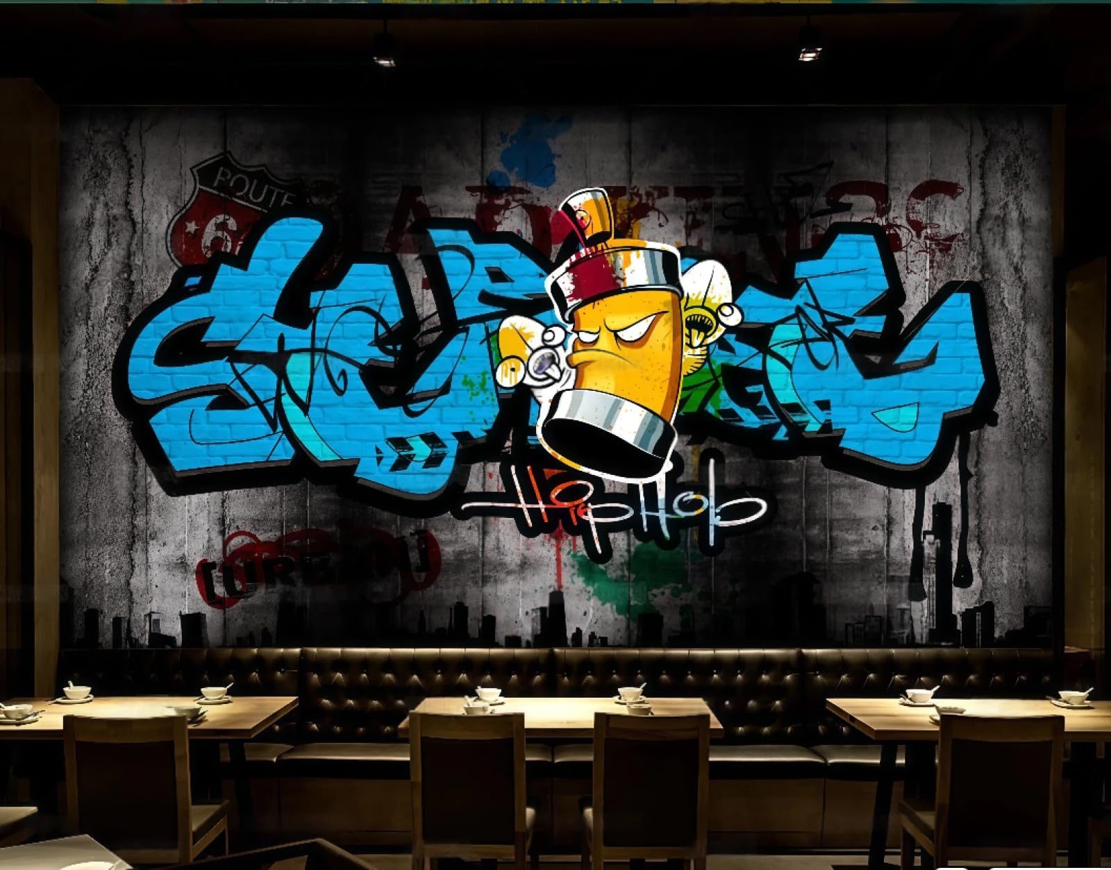 rskjdghshd Wallpaper Retro Cement Wall Trend Street Blue Graffiti Bar Background Wall Western Restaurant Wallpaper Drink Coffee Shop Mural,3D,430x300cm