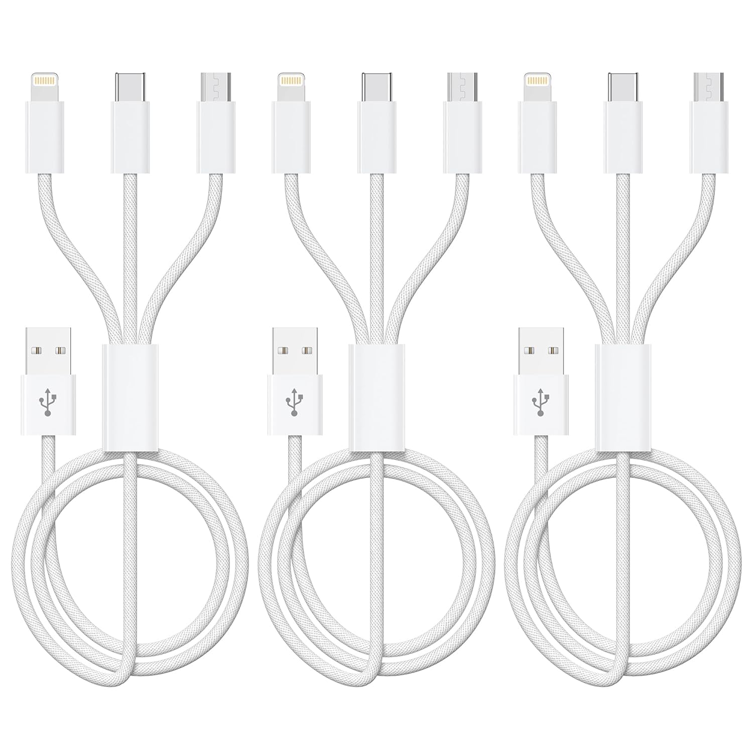 Multi USB Kabel [3Stück 1.2M] 3 in1 Universal Ladekabel Schnell Ladekabel Mehrfach mit Micro USB Typ C Lightning Kabel für iPhone, Android Galaxy, Huawei,Oneplus,Sony,Honor View