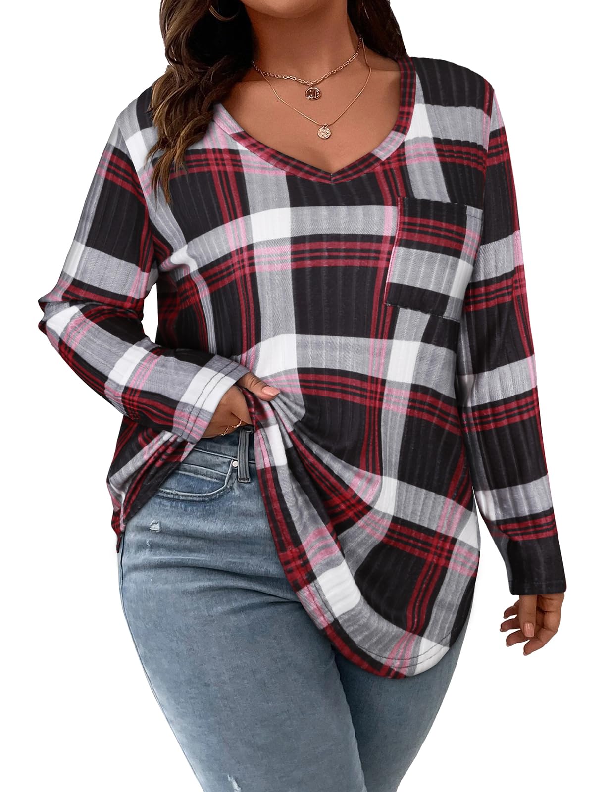 Koscacy Women Plus Size Casual Knit Sweater with Pocket V Neck Solid Color Tops Lightweight Long Sleeve Blouses