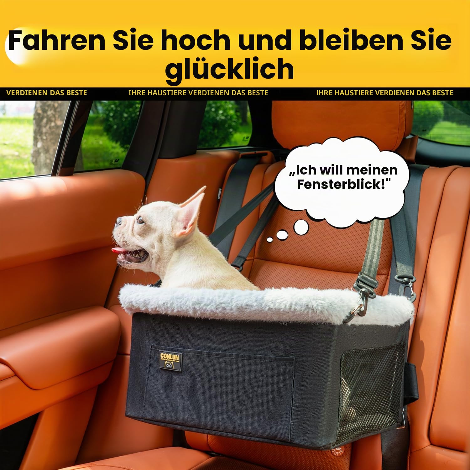 Conlun Hunde Autositz für Kleine Hunde bis 9kg - Stabiler Hundesitz Auto mit Stahlrahmen & Fronttasche - Faltbarer Hundekorb Auto mit Sicherheitsleine & Waschbarer Einlage (40x33x22cm)
