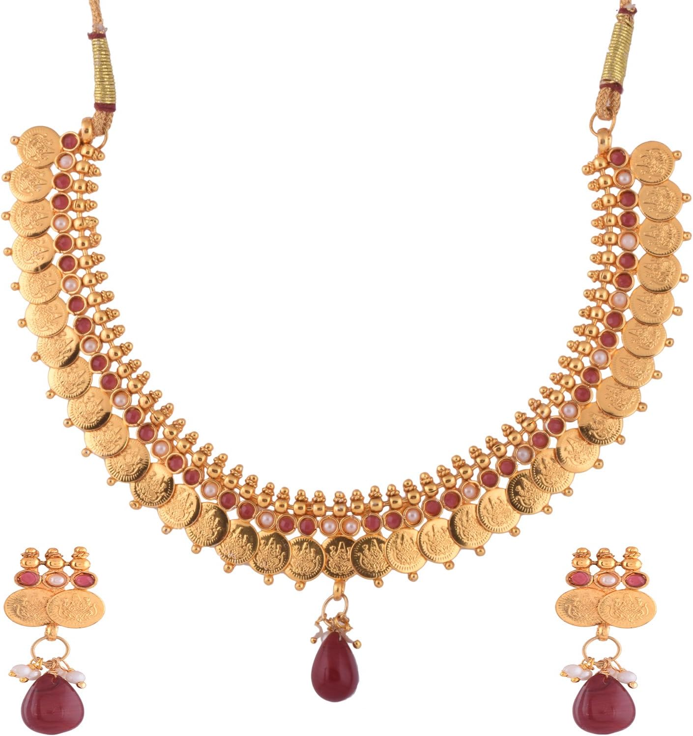Ganapathy Gems 1 Gram Gold Plated Lakshmi Coin With Maroon Stones And Pearls Necklace set for Women