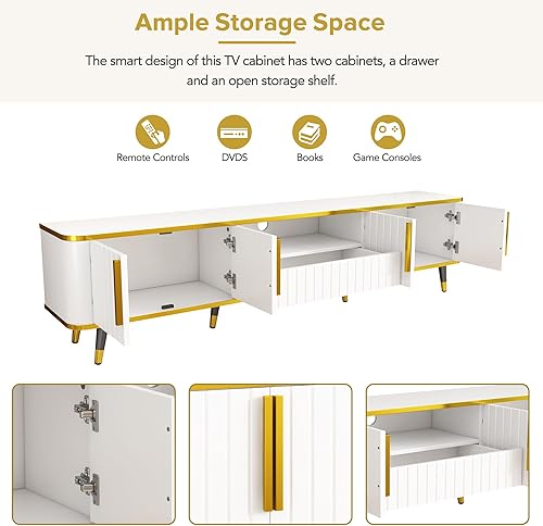 Miniatura 94 de Merax Moderno soporte de TV con patas de metal, asas doradas, líneas geométricas y estantes ajustables para televisores de hasta 80 pulgadas, mesa