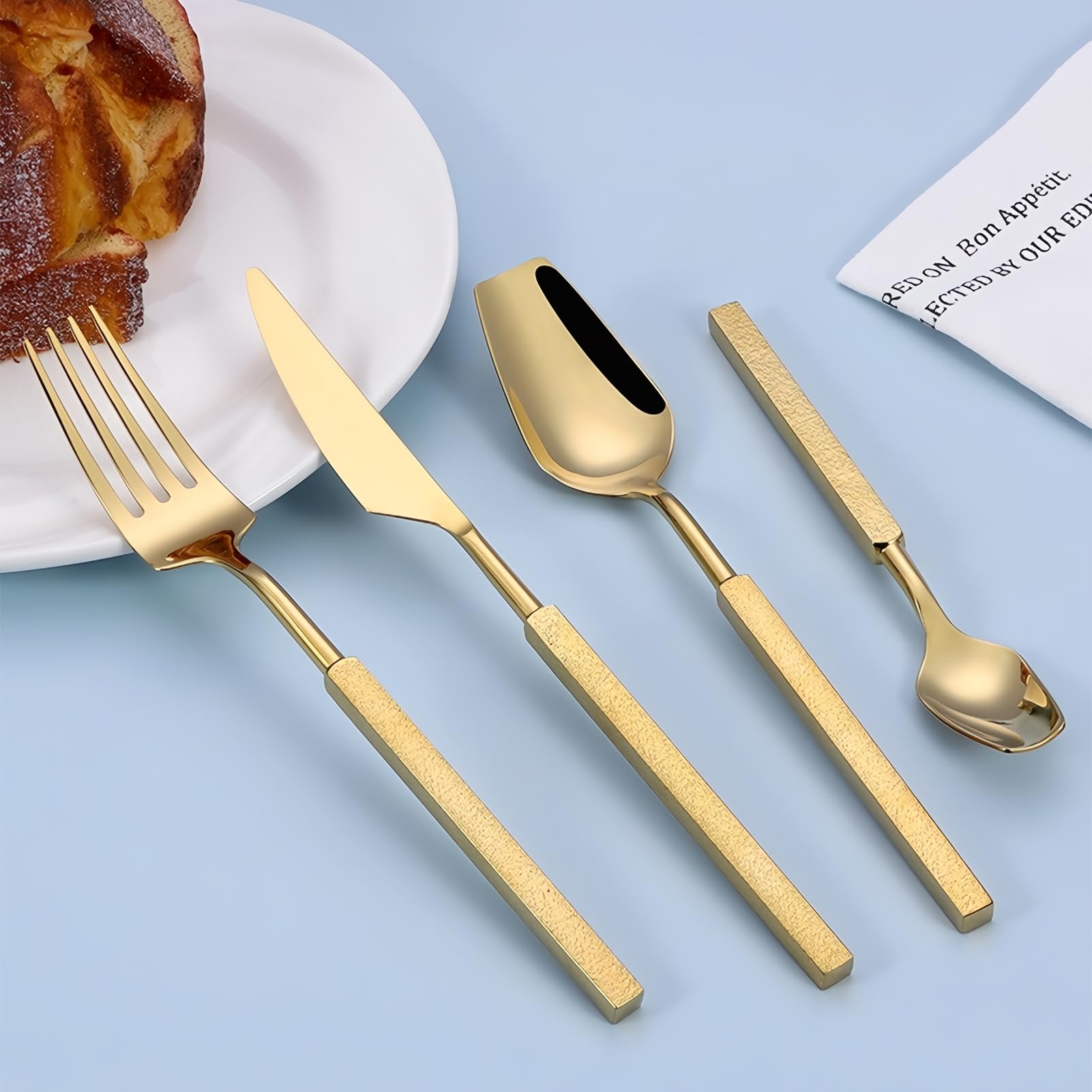 Besteckset Besteck Set 18/10 Edelstahl, Quadratischer Griff, Spiegel Poliert, Elegant Langlebig Geschirr Für Zuhause, Hotel, Restaurant, Neues Haus (Gold,24pcs)