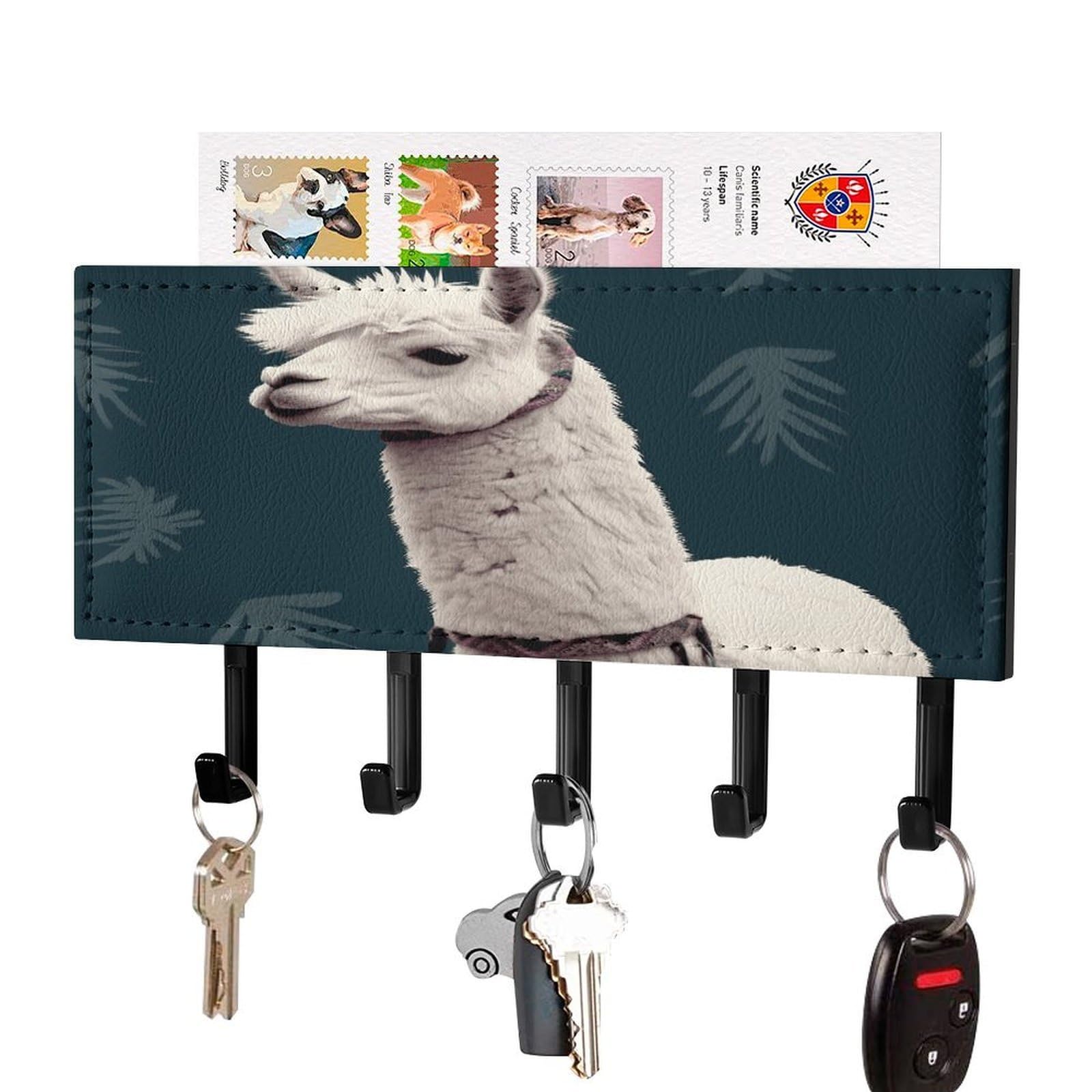 Vstadank Black-Style Alpaca Llama Key Holder For Wall Mount With 5 Hooks Decorative Key And Mail Holder Farmhouse Wall Hooks With Shelf Pu Leather Key Rack With Mail Holders For Entryway Home